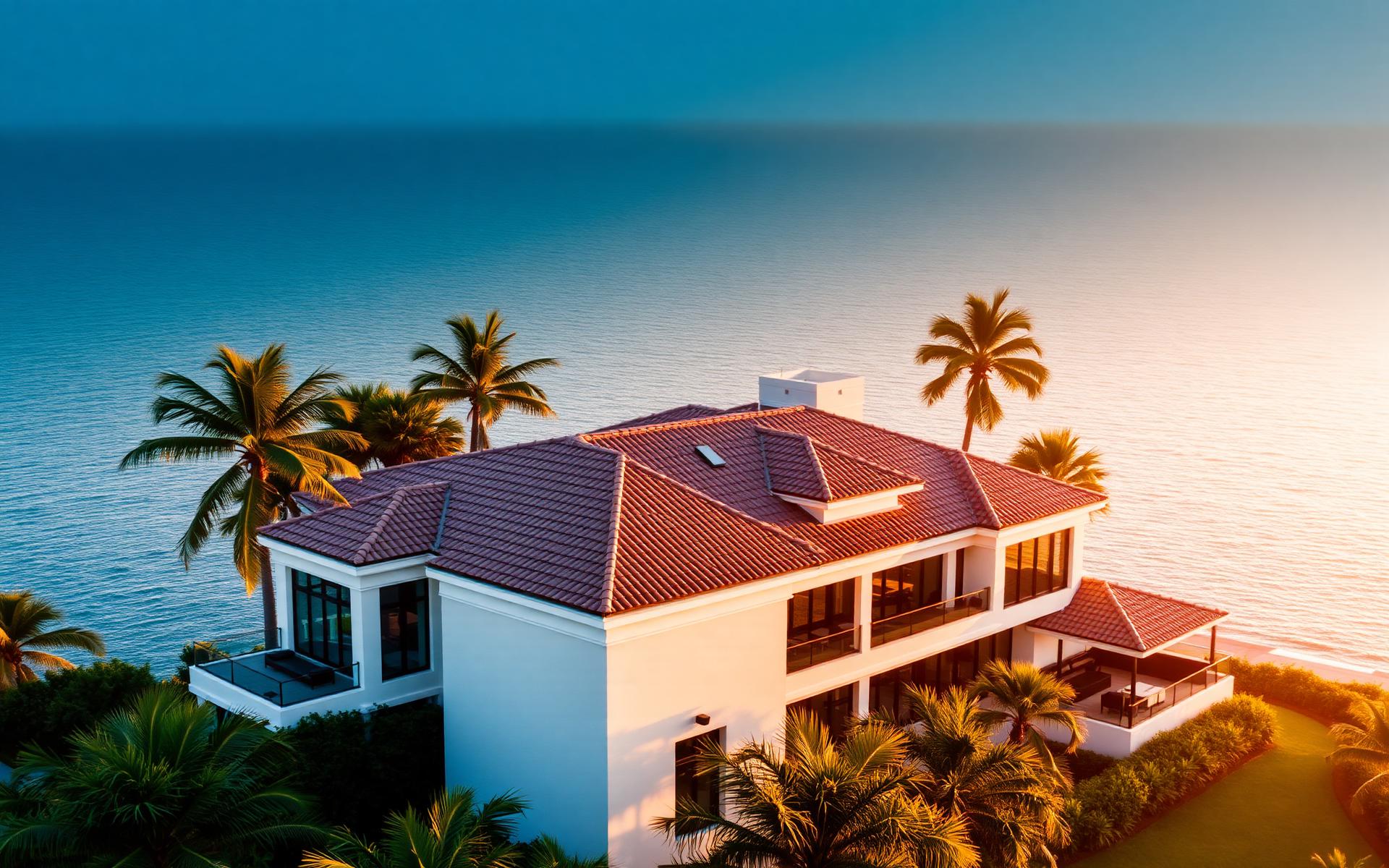 Luxury Miami waterfront home with new tile roof at golden hour